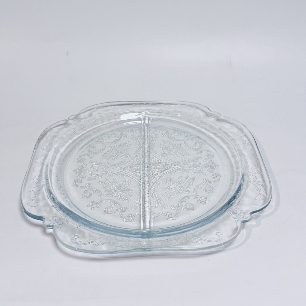 Vintage 30's Jeannette Glass Divided Relish Tray Blue Tint Adam Heirloom Pattern